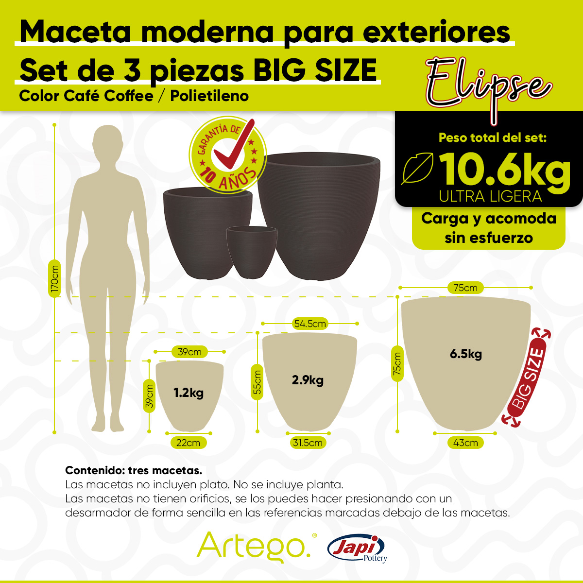 Macetas modernas set de 3 piezas BIG SIZE para exteriores grande ELIPSE de Polietileno ultra ligera Artego Japi