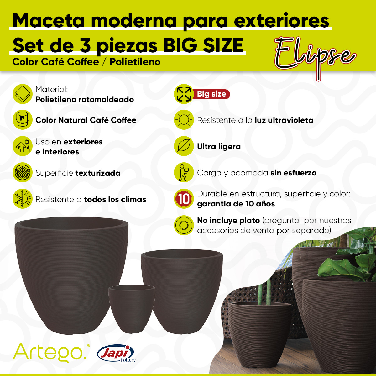 Macetas modernas set de 3 piezas BIG SIZE para exteriores grande ELIPSE de Polietileno ultra ligera Artego Japi