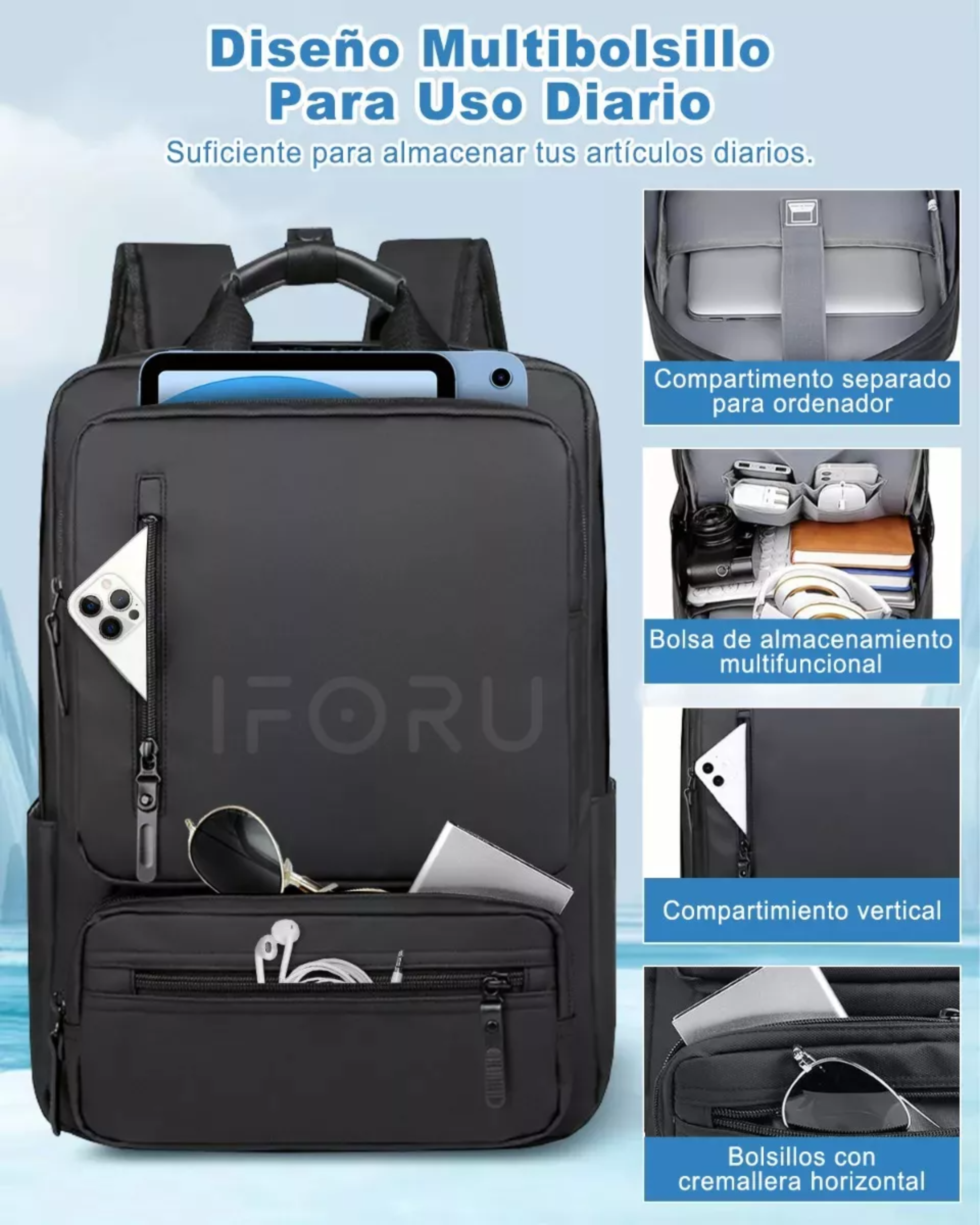 Mochila viaje Iforu Antirrobo Backpack-14N color negro diseño lisa 30L.