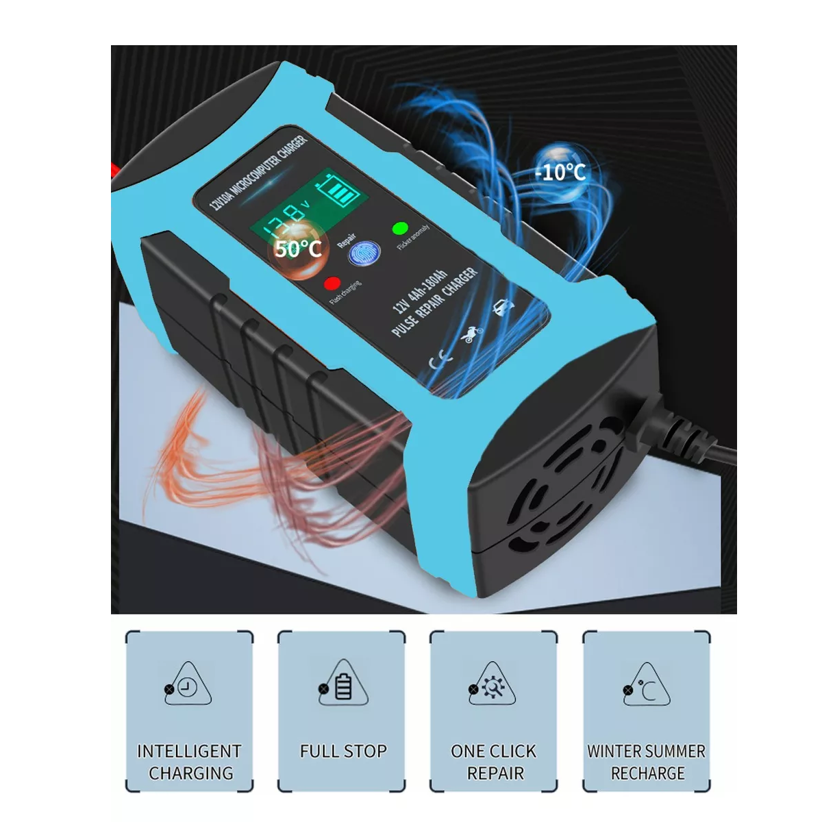 Cargador De Batería De Coche Moto Inteligente 12v 10a Azul