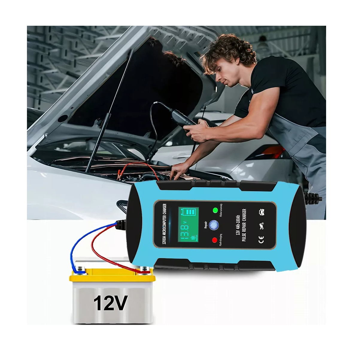 Cargador De Batería De Coche Moto Inteligente 12v 10a Azul