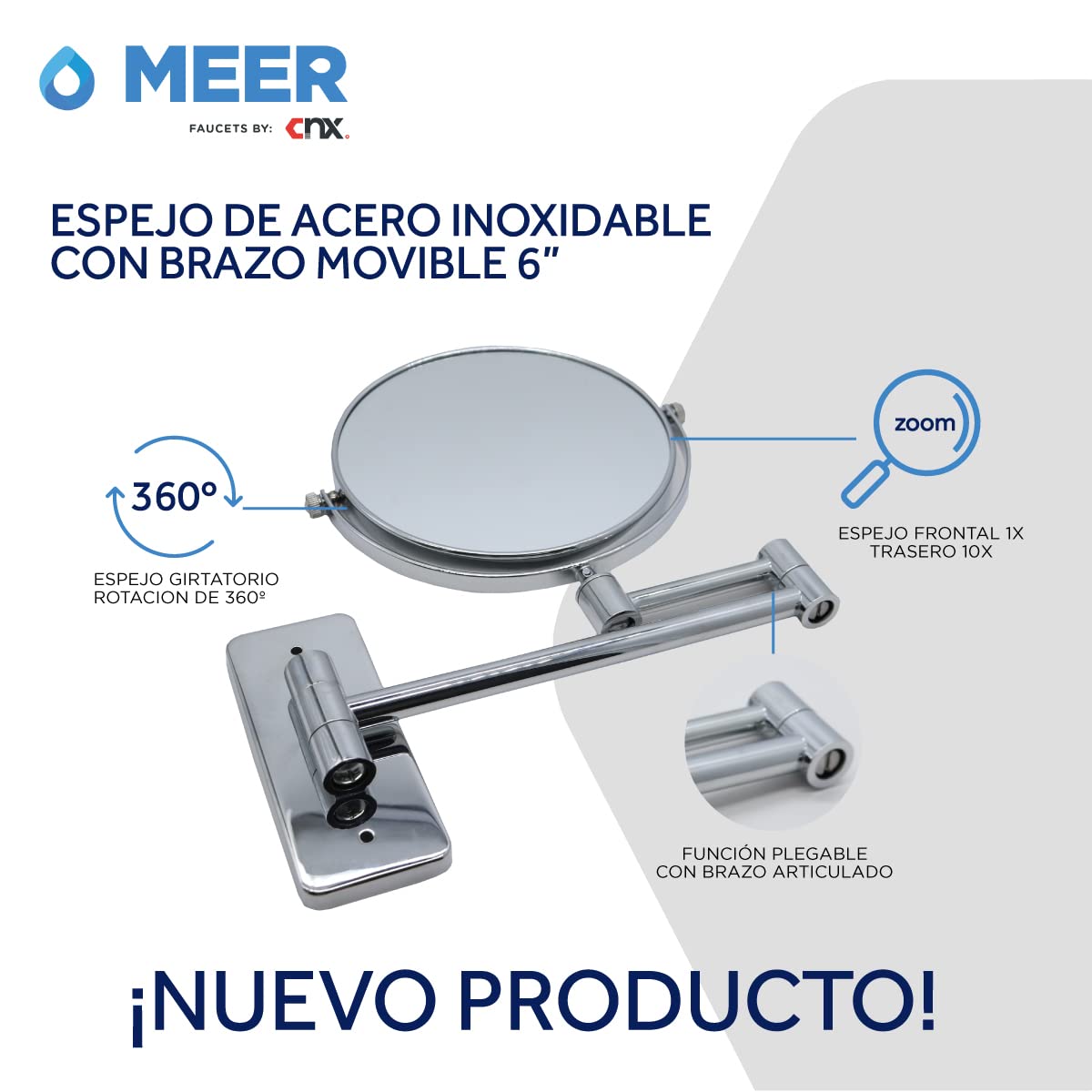 CNX Meer FAUCETS by Espejo de Acero Inoxidable DE 6 Pulgadas con Brazo Movible y Extensible, Espejo para baño Pared(Espejo Redondo para Pared), con Acabado Cromado.