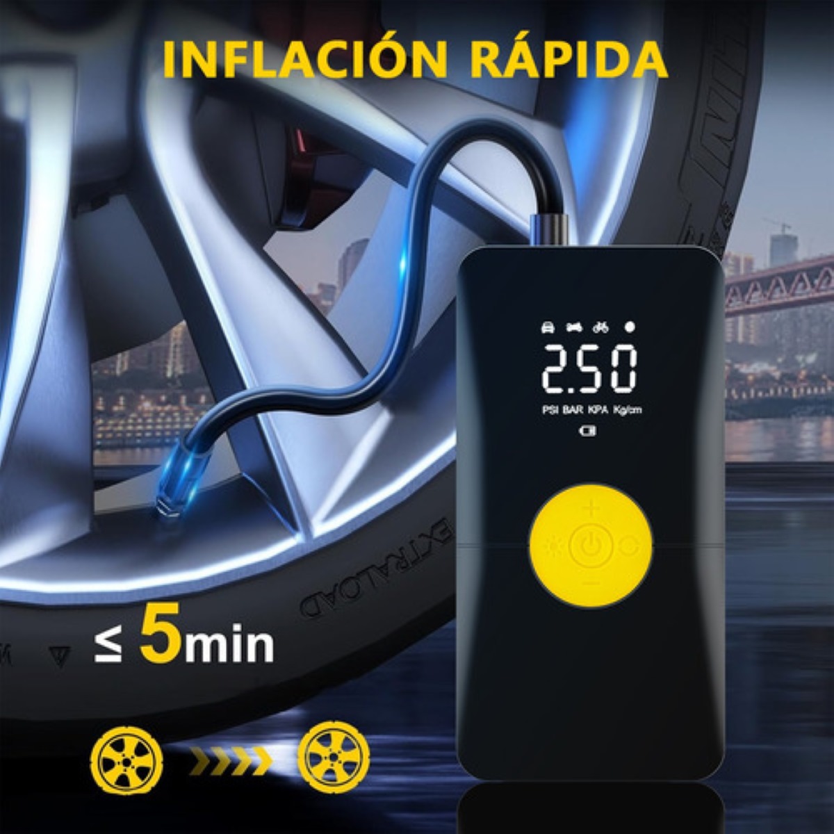Bomba De Aire Portátil Inflador De Llantas Para Auto Con Luz