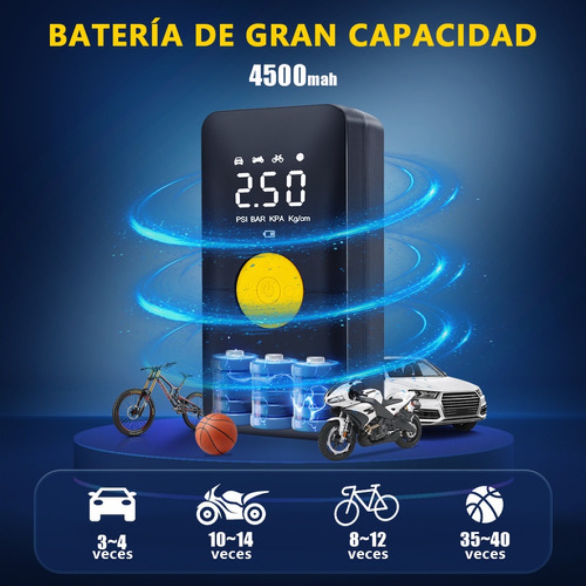 Bomba De Aire Portátil Inflador De Llantas Para Auto Con Luz