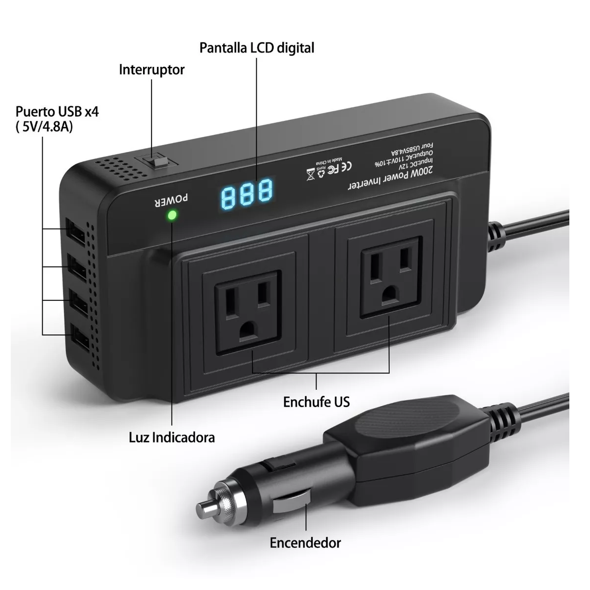 Inversor De Corriente Portátil Para Auto De 200w 12v A 110v