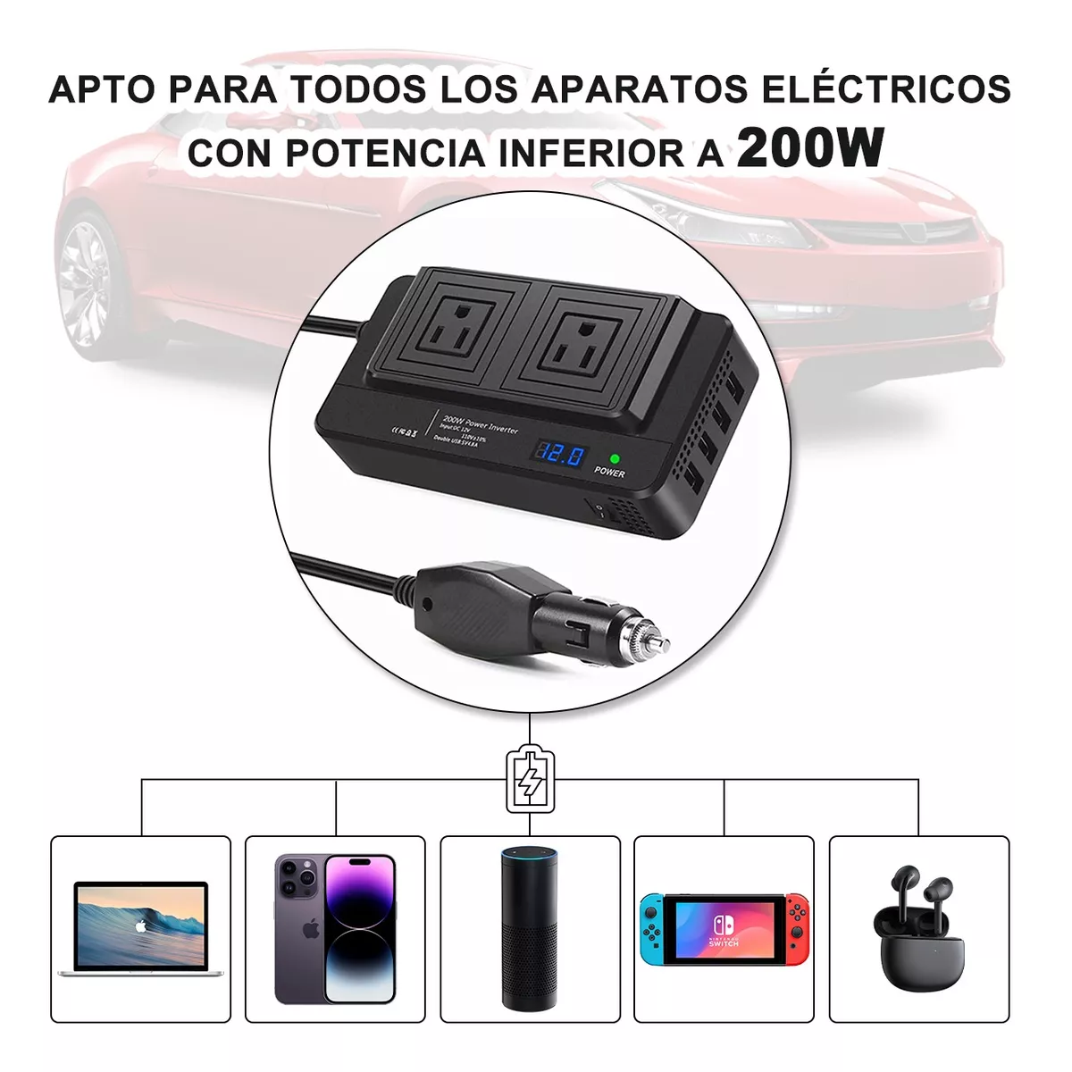 Inversor De Corriente Portátil Para Auto De 200w 12v A 110v