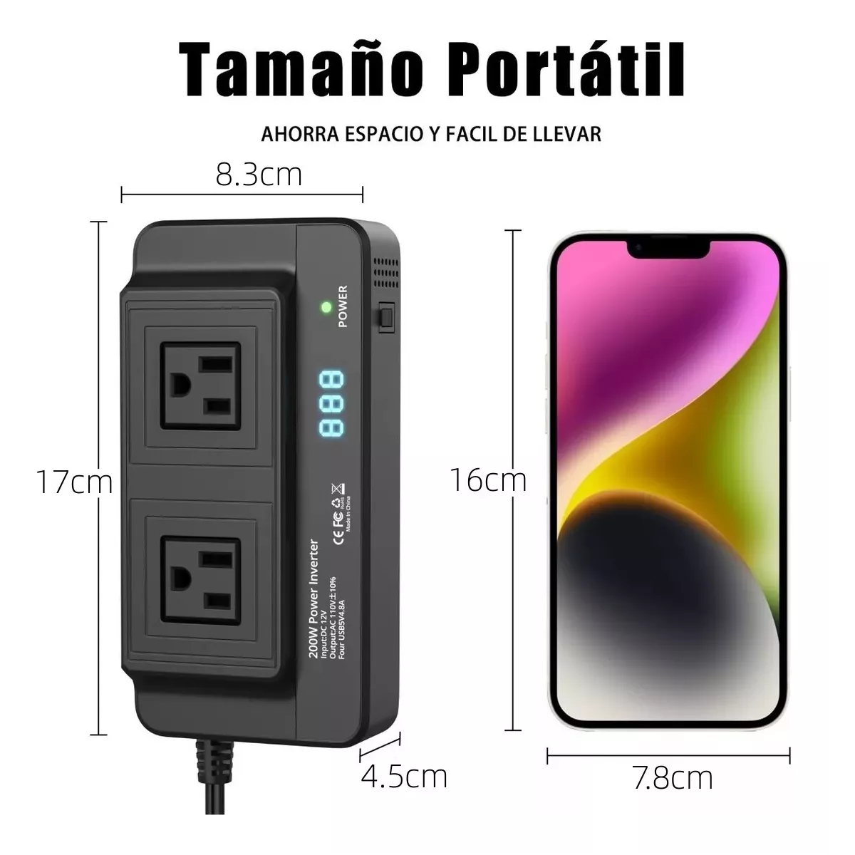 Inversor De Corriente Portátil Para Auto De 200w 12v A 110v