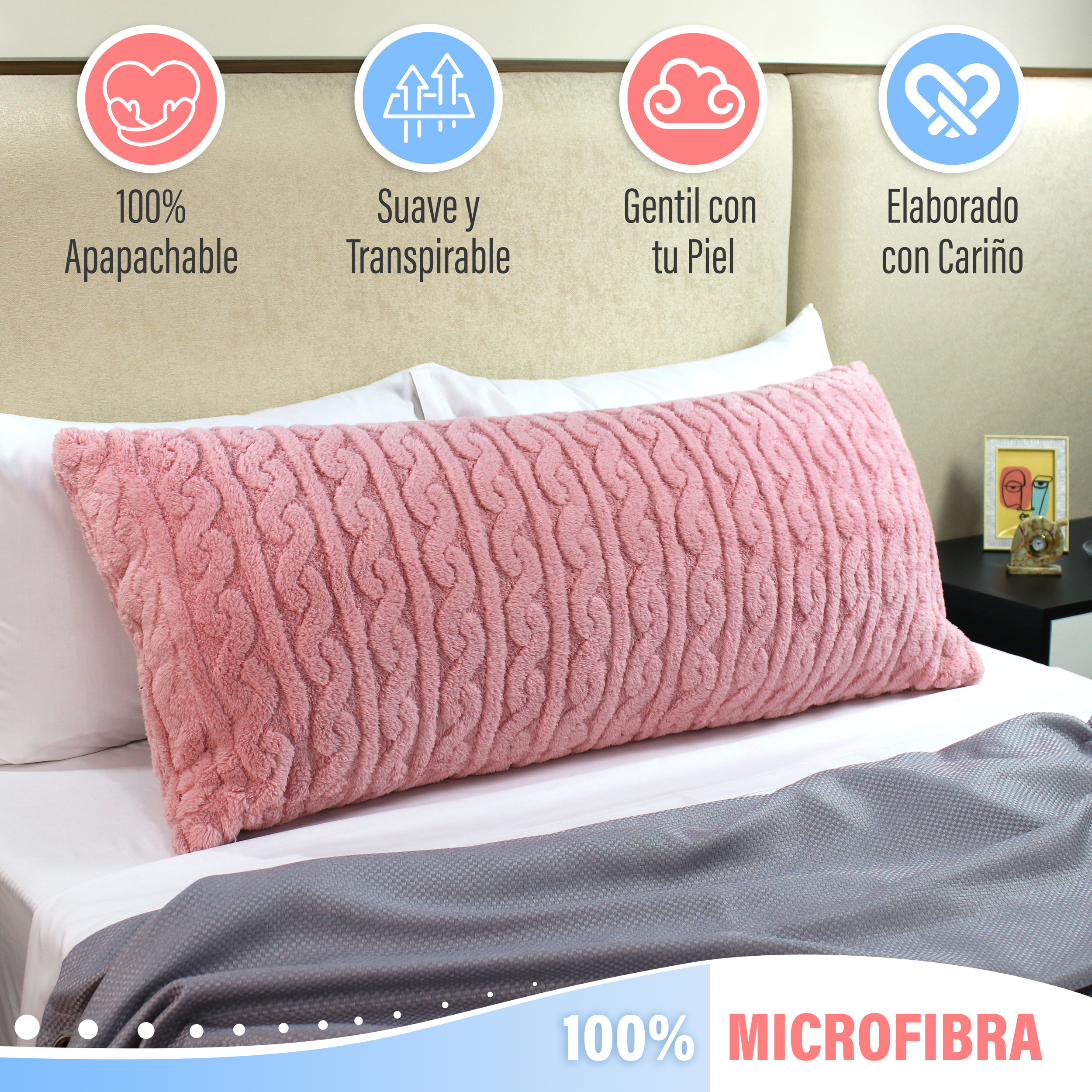 Almohada Abrazable Rosa, Extra Larga Cómoda Super suave.