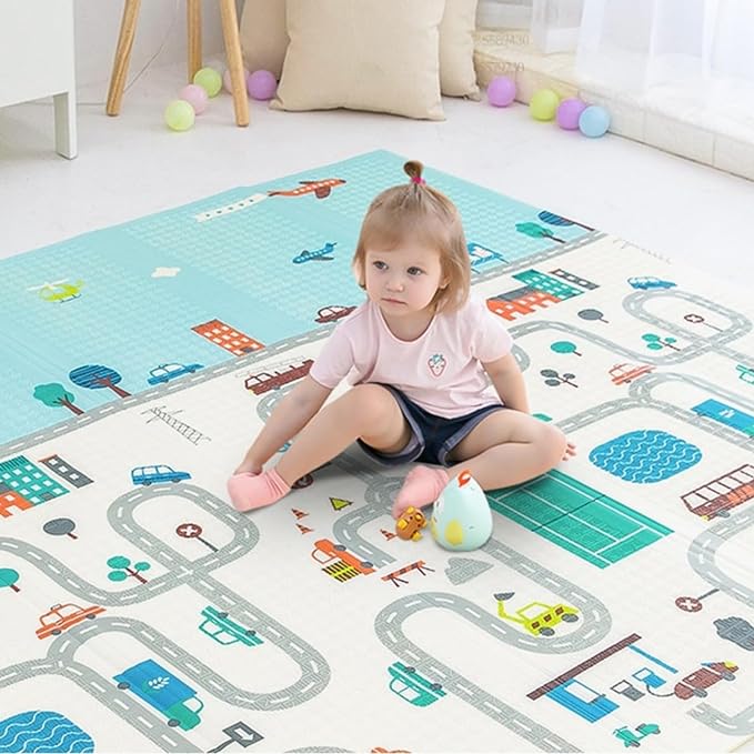A PAPU BABY Tapete de Juego Plegable 1.50 x 2.00 para Bebés Doble Vista Baby Play Mat (Carretera).