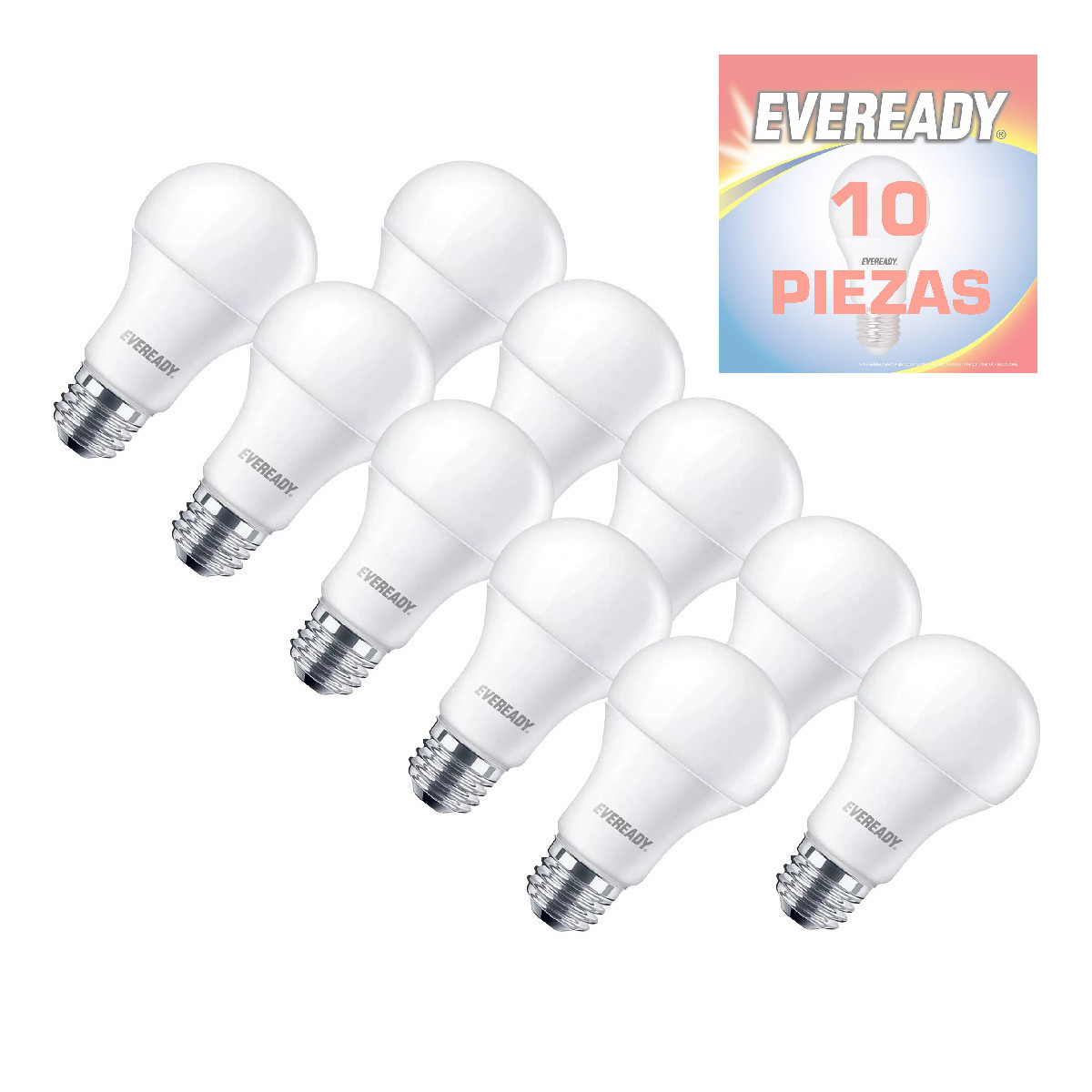 10 Focos Led Eveready ahorrador 8W 800 Lúmenes luz Blanca.