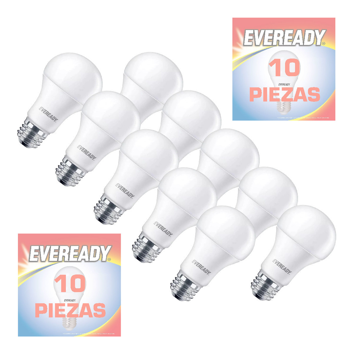 10 Focos Led Eveready ahorrador 8W 800 Lúmenes luz Blanca.