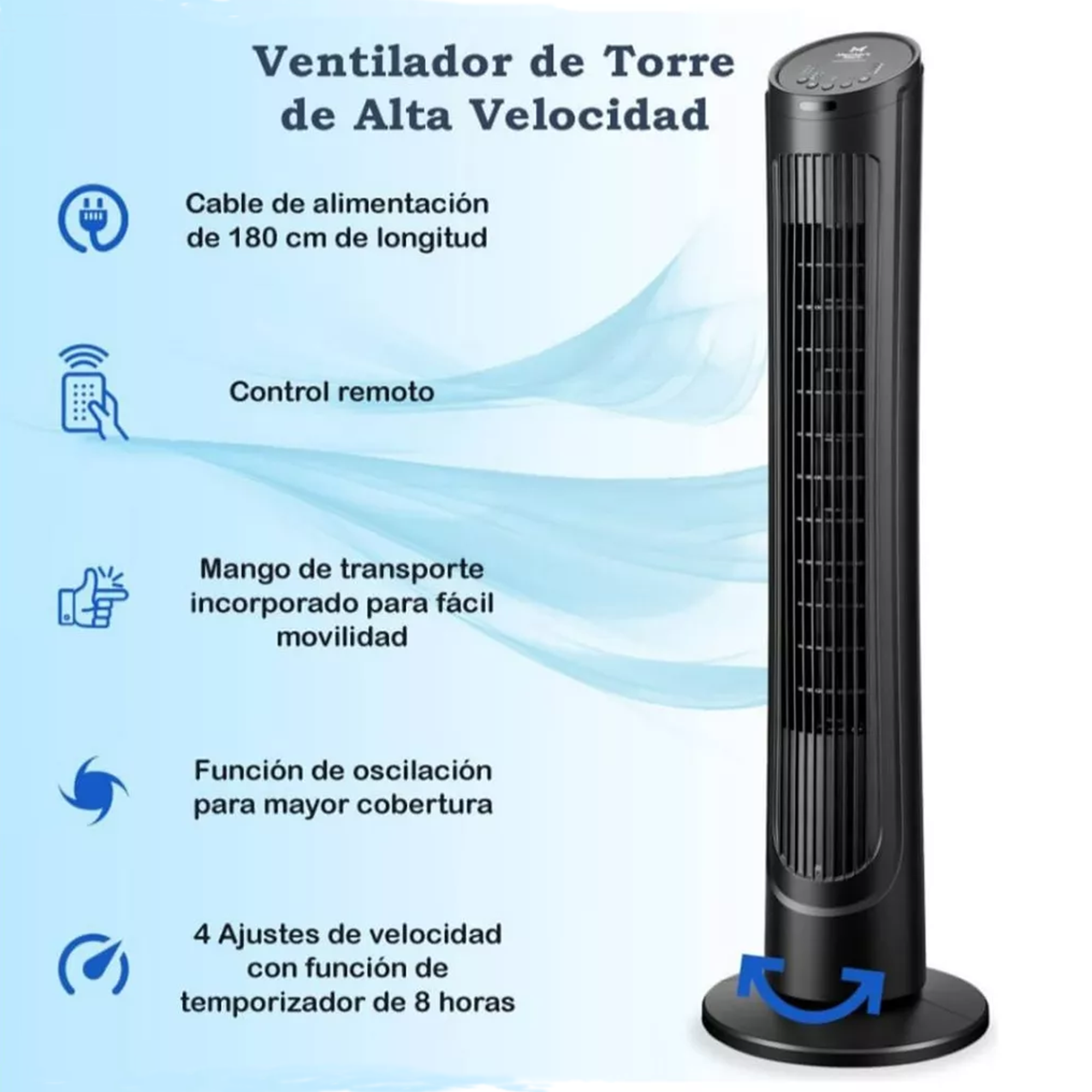 Ventilador de Torre de 40'' con 4 Velocidades, Temporizador y Control Remoto.