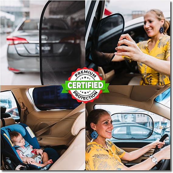 kinder Fluff - Parasol para Ventana de Coche (4 PCs): Único Protector Solar Bebe Certificado de Coche Que ha demostrado Bloquear el 99,95% de los Rayos UV - Premio de Oro Mom'S Choice -Standard.