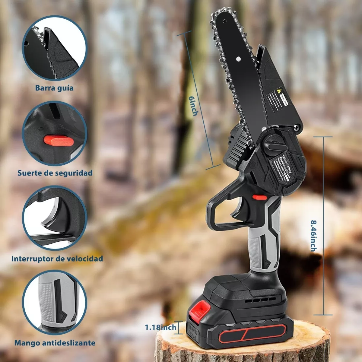 Mini Motosierra Inalambrica Portatil 6 In Con 2 Baterías Negro