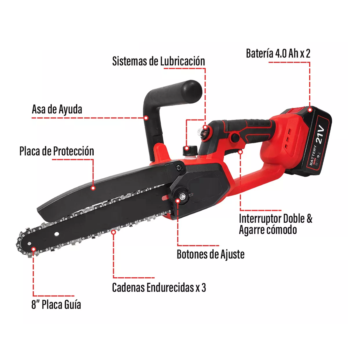 Motosierra eléctrica inalámbrica XMMXF048RB 1200W 21V Rojo