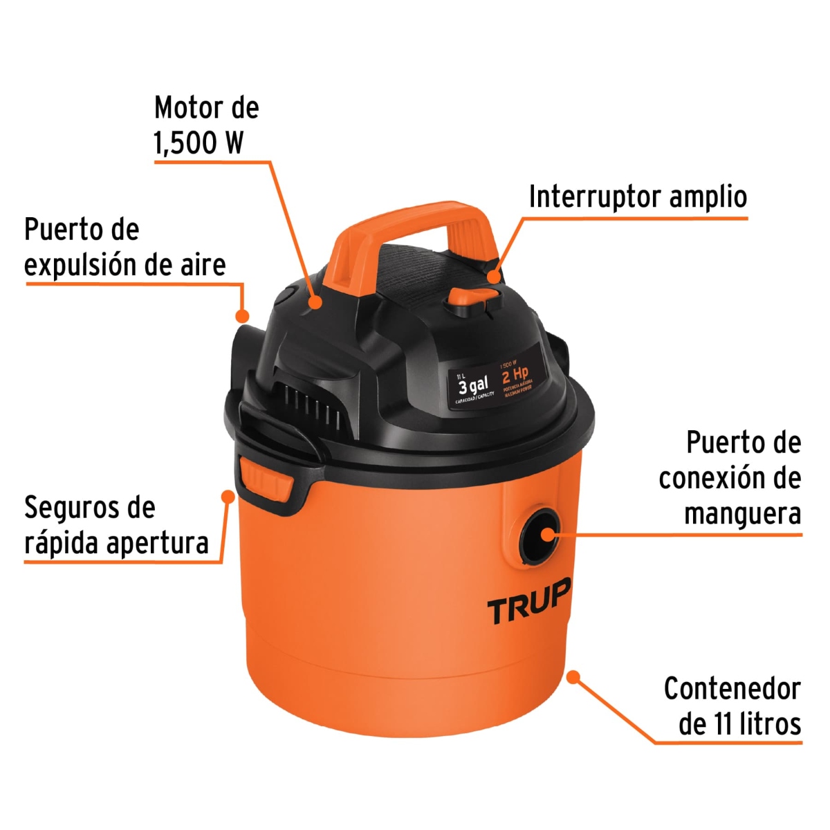 Aspiradora Truper ASP-03 Sólidos y Líquidos 3 Gal Plástica ENDY3.