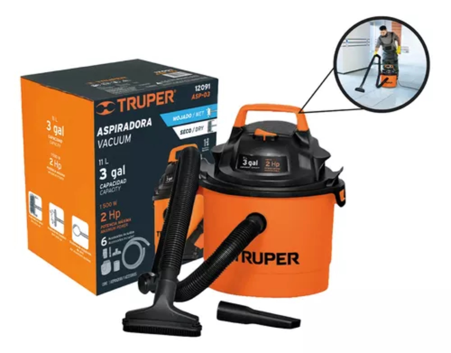 Aspiradora Truper ASP-03 Sólidos y Líquidos 3 Gal Plástica ENDY3.