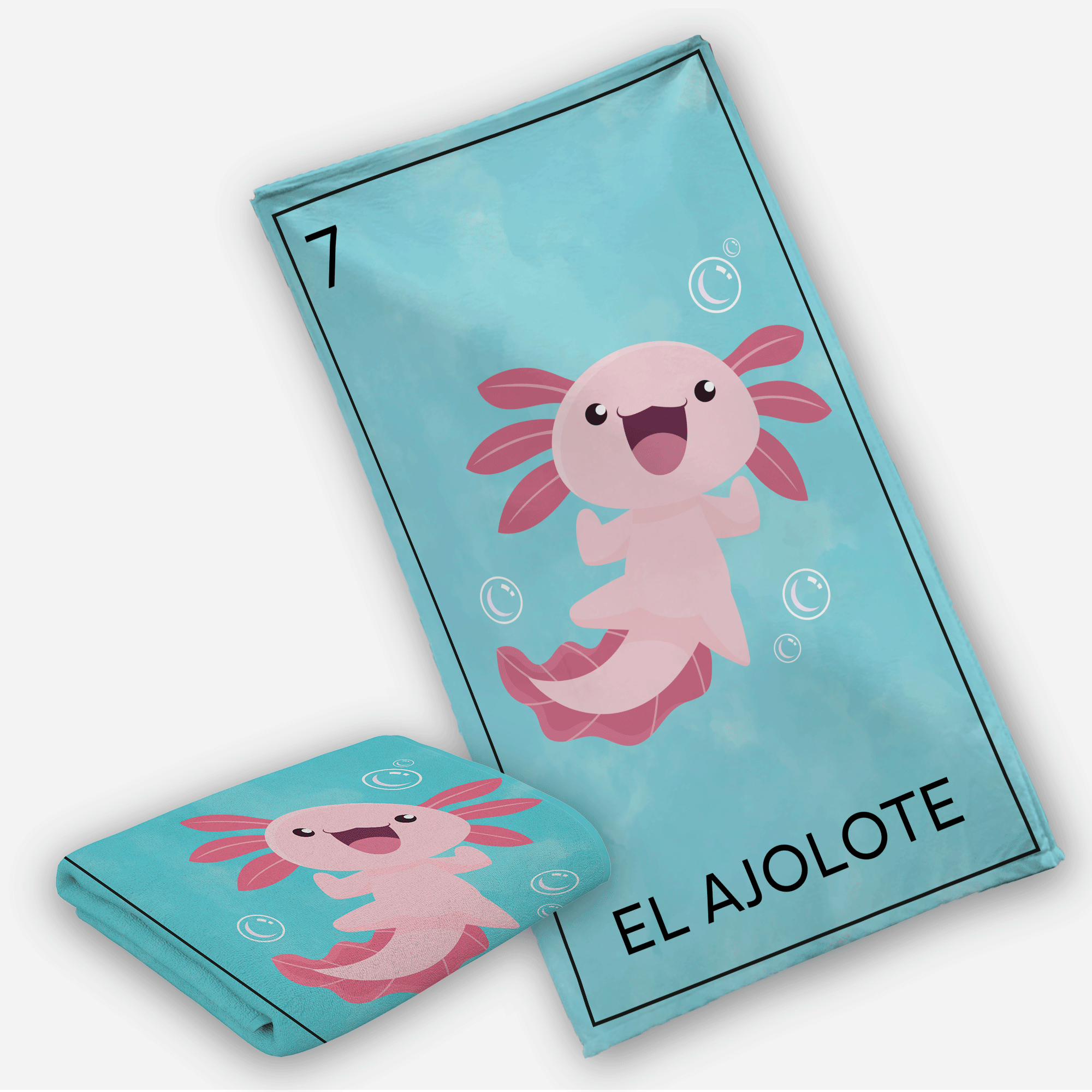 Toalla de Baño Diseño de Carta Ajolote Tipo Lotería Azul Ligera Y Suave Alta Calidad.