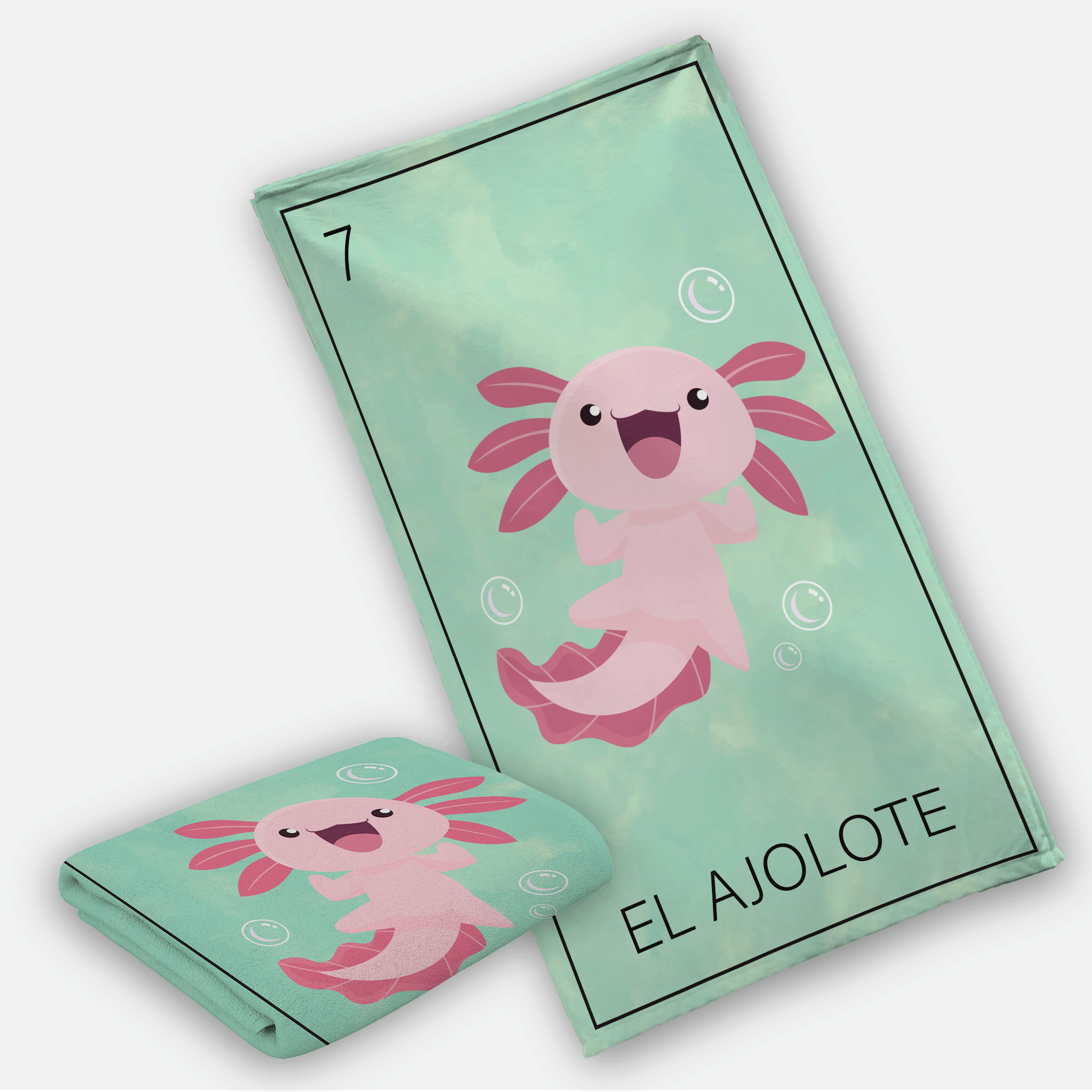 Toalla de Baño Diseño de Carta de Ajolote Tipo Lotería Verde Ligera Y Suave Alta Calidad.