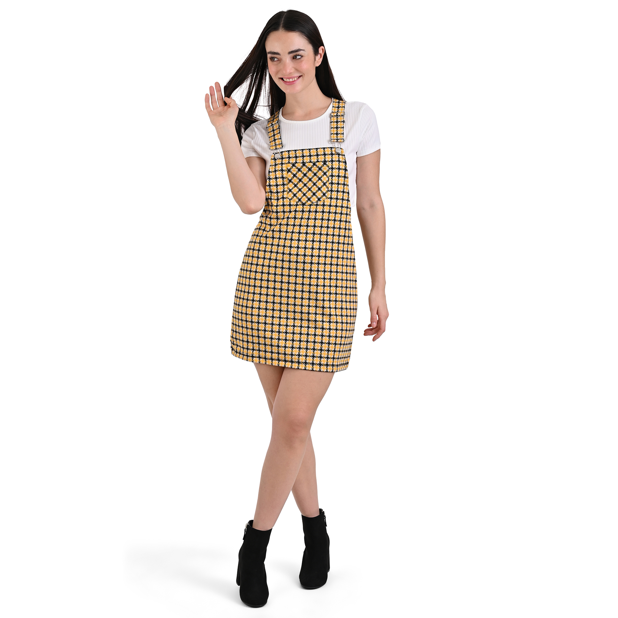Vestido Fresco Sin Mangas con Broches Y Bolsa de canguro Para Dama, Casual, Cómodo elástico Tela Suave, Cuadros a Contraste mod.J1035C.