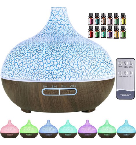 "Difusor De Aromaterapia Con 12 Aceite Para Esenciales 500ml Marron Oscuro "