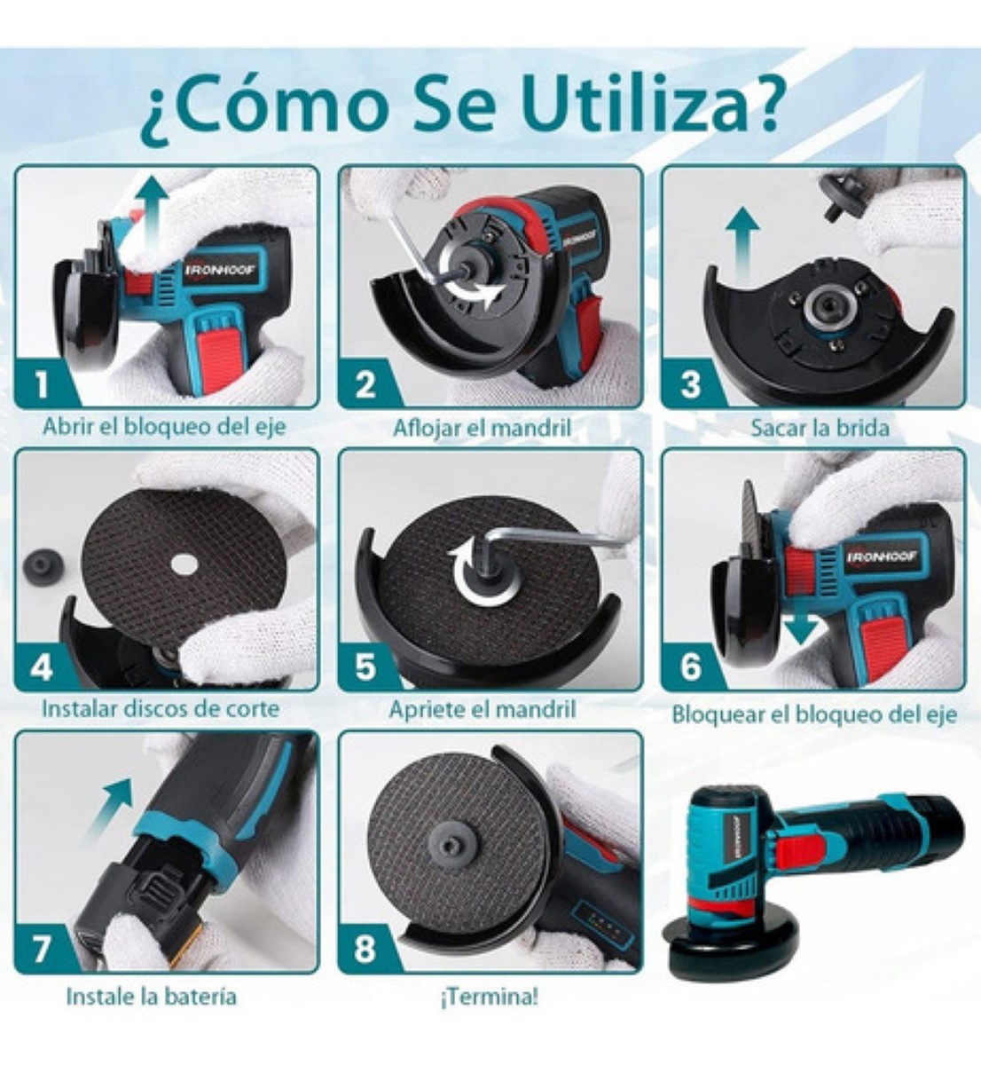 "Mini esmeriladora angular Ironhoof SLMXF055BL color azul 500 W 110V ".