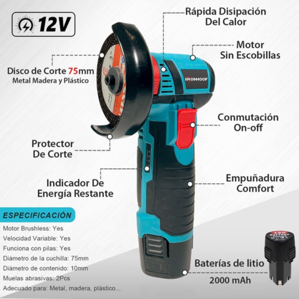 "Mini esmeriladora angular Ironhoof SLMXF055BL color azul 500 W 110V ".