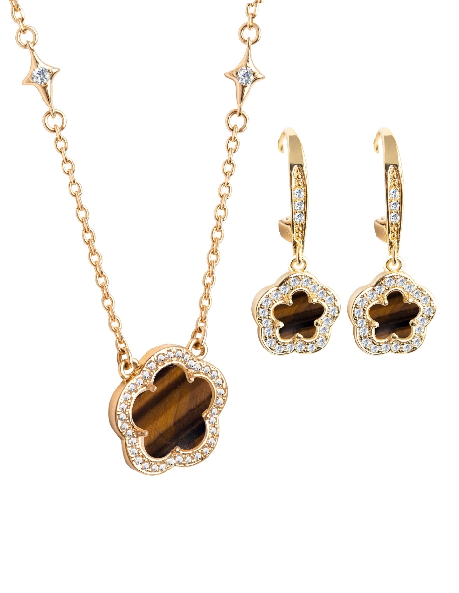 Collar y aretes color Tigre Amarillo Zvezda de Chapa de oro amarillo de 18K corte Trébol .