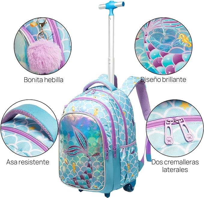 A Mochilas con ruedas para niñas, 3 Piezas mochila carro niña, Mochila Sirena para Niñas, Mochila con Ruedas, Mochila con Bolsa para el Almuerzo y Bolsa para lápices, para niñas de 6 a 12 niñas(Azul).