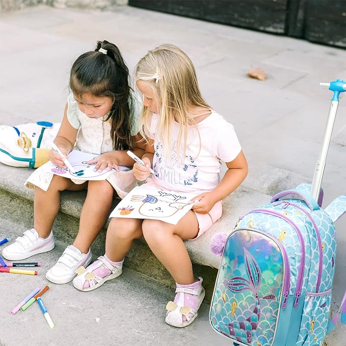 A Mochilas con ruedas para niñas, 3 Piezas mochila carro niña, Mochila Sirena para Niñas, Mochila con Ruedas, Mochila con Bolsa para el Almuerzo y Bolsa para lápices, para niñas de 6 a 12 niñas(Azul).