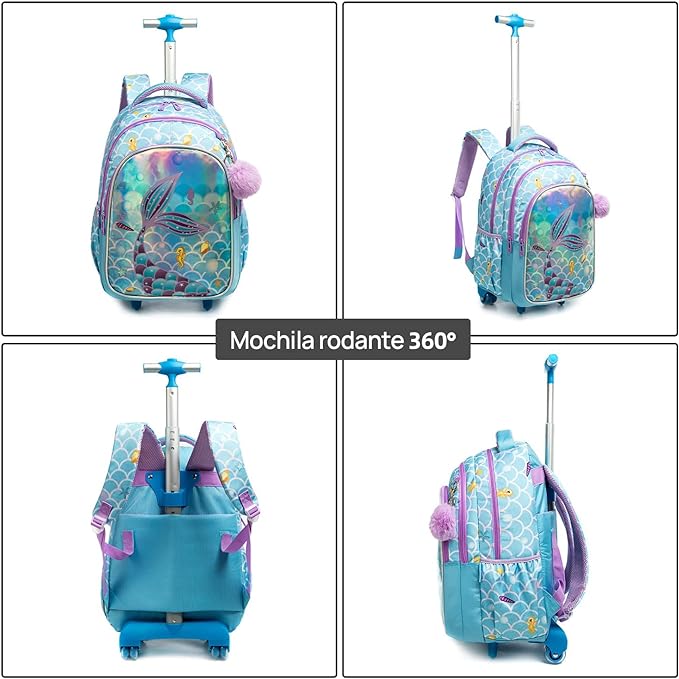 A Mochilas con ruedas para niñas, 3 Piezas mochila carro niña, Mochila Sirena para Niñas, Mochila con Ruedas, Mochila con Bolsa para el Almuerzo y Bolsa para lápices, para niñas de 6 a 12 niñas(Azul).