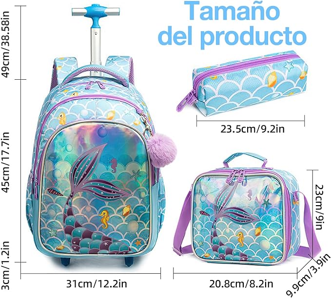 A Mochilas con ruedas para niñas, 3 Piezas mochila carro niña, Mochila Sirena para Niñas, Mochila con Ruedas, Mochila con Bolsa para el Almuerzo y Bolsa para lápices, para niñas de 6 a 12 niñas(Azul).