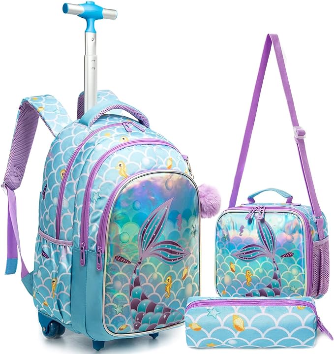 A Mochilas con ruedas para niñas, 3 Piezas mochila carro niña, Mochila Sirena para Niñas, Mochila con Ruedas, Mochila con Bolsa para el Almuerzo y Bolsa para lápices, para niñas de 6 a 12 niñas(Azul).