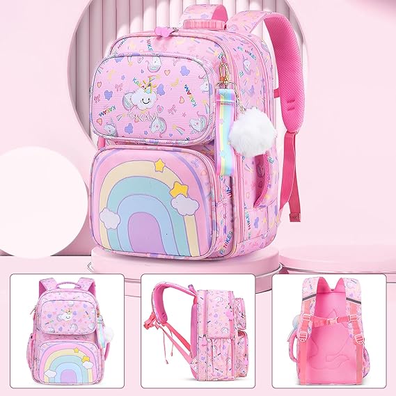 A Mochila para Niña de 4 a 6 Años, Mochilas Escolares Mochila Infantil 4-6 Años para Escolar Ajustar con Bolsillos Laterales y Correa en Pecho.