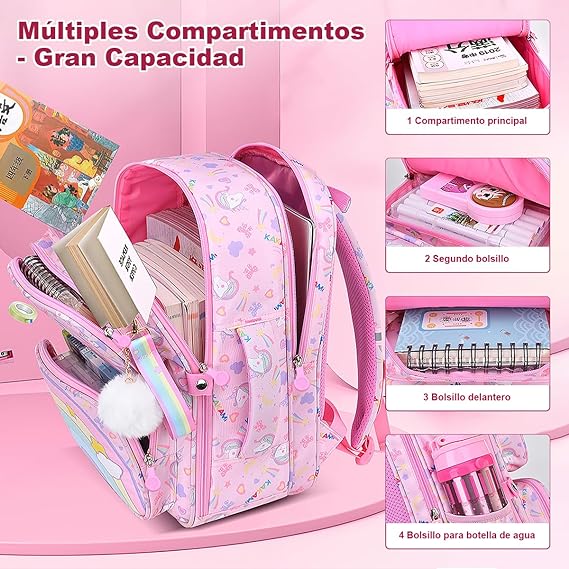 A Mochila para Niña de 4 a 6 Años, Mochilas Escolares Mochila Infantil 4-6 Años para Escolar Ajustar con Bolsillos Laterales y Correa en Pecho.