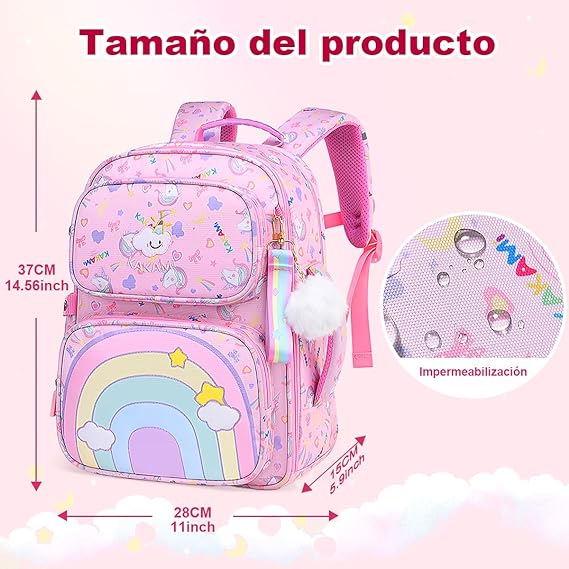A Mochila para Niña de 4 a 6 Años, Mochilas Escolares Mochila Infantil 4-6 Años para Escolar Ajustar con Bolsillos Laterales y Correa en Pecho.