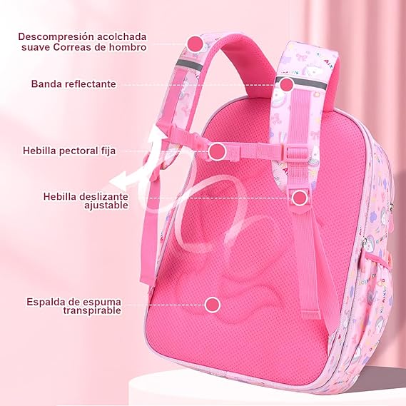 A Mochila para Niña de 4 a 6 Años, Mochilas Escolares Mochila Infantil 4-6 Años para Escolar Ajustar con Bolsillos Laterales y Correa en Pecho.