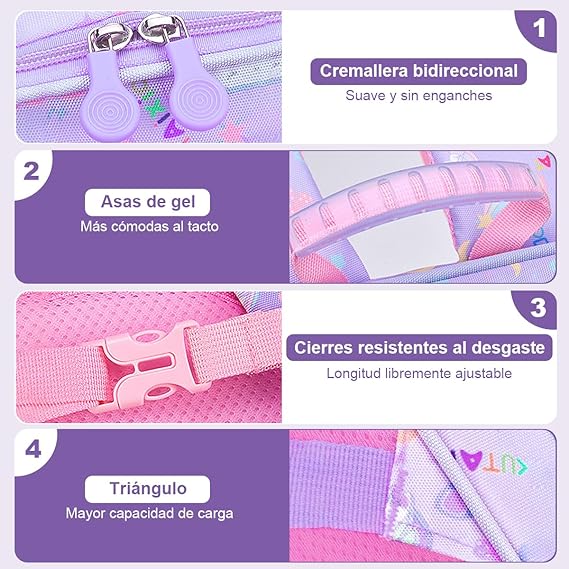 A Mochila para Niña de 4 a 6 Años, Mochilas Escolares Mochila Infantil 4-6 Años para Escolar Ajustar con Bolsillos Laterales y Correa en Pecho.