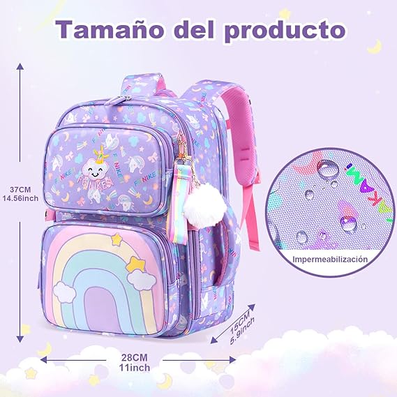 A Mochila para Niña de 4 a 6 Años, Mochilas Escolares Mochila Infantil 4-6 Años para Escolar Ajustar con Bolsillos Laterales y Correa en Pecho.