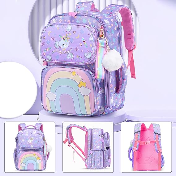A Mochila para Niña de 4 a 6 Años, Mochilas Escolares Mochila Infantil 4-6 Años para Escolar Ajustar con Bolsillos Laterales y Correa en Pecho.
