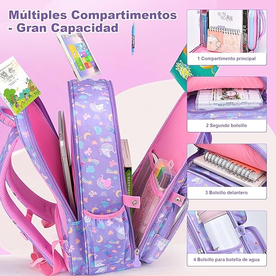 A Mochila para Niña de 4 a 6 Años, Mochilas Escolares Mochila Infantil 4-6 Años para Escolar Ajustar con Bolsillos Laterales y Correa en Pecho.