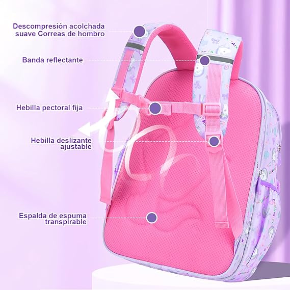 A Mochila para Niña de 4 a 6 Años, Mochilas Escolares Mochila Infantil 4-6 Años para Escolar Ajustar con Bolsillos Laterales y Correa en Pecho.