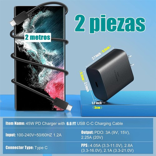 "Cargador Tipo C De 45w Para Samsung S23 S24 Ultra 2 Piezas negros "