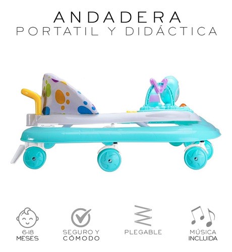 "Andadera Musical Para Bebé Interactiva Plegable Con Ruedas Color Verde Azul  ".