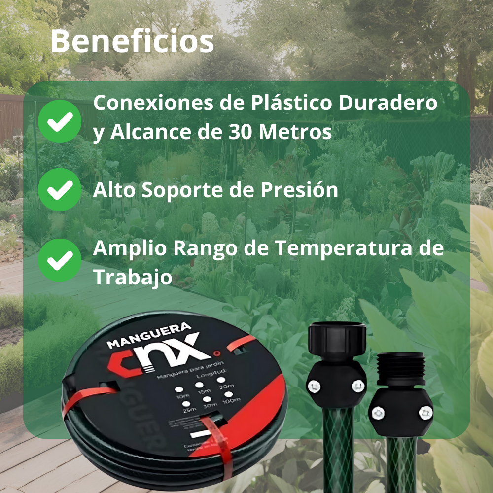 Manguera para jardín de 30 metros armada con conexiones estándar (1/2" pulgada) .