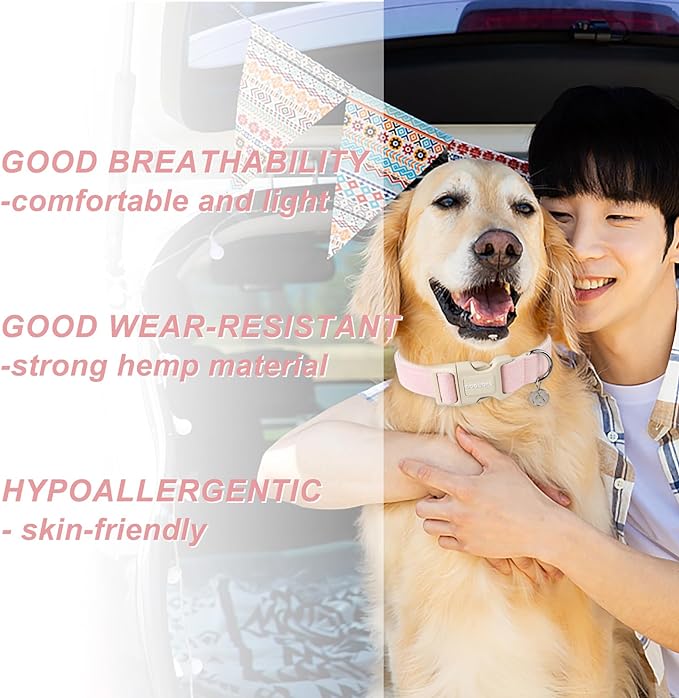DOGWONG - Collar para perro de cáñamo de algodón, resistente y resistente, de tela natural, suave y duradera, para perros pequeños, medianos y grandes.