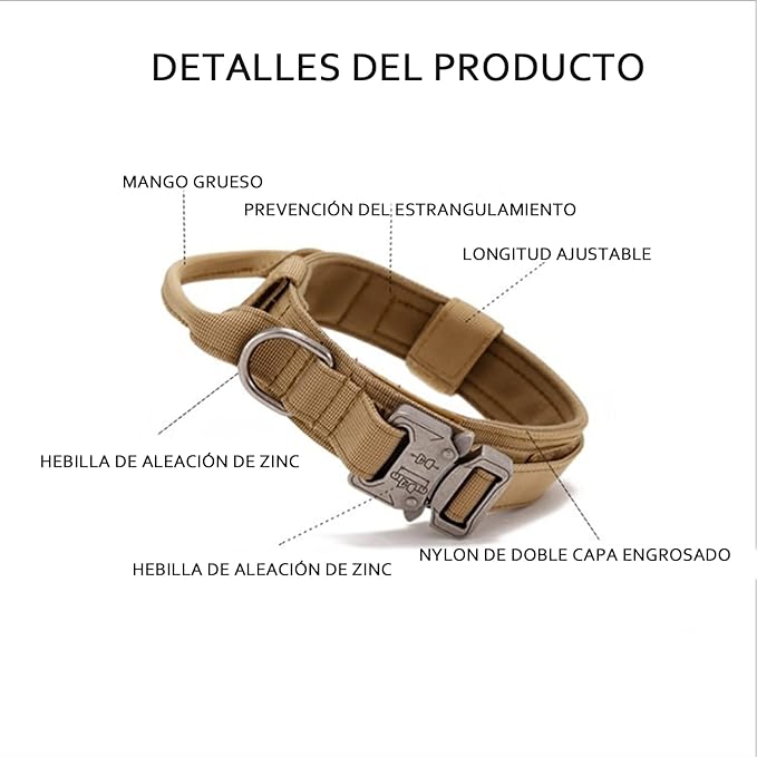 Jesir Collar De Perro Táctico，Collar De Perro De Nailon Militar Grueso con Asa Collares De Perro Hebilla De Metal Resistente Ajustable para Entrenamiento De Perros,L(Caqui).