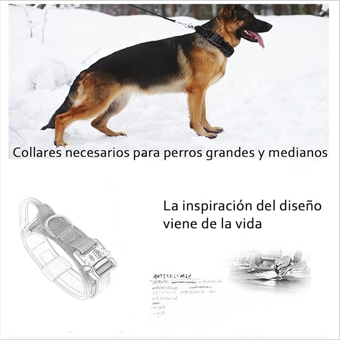 Jesir Collar De Perro Táctico，Collar De Perro De Nailon Militar Grueso con Asa Collares De Perro Hebilla De Metal Resistente Ajustable para Entrenamiento De Perros,L(Caqui).