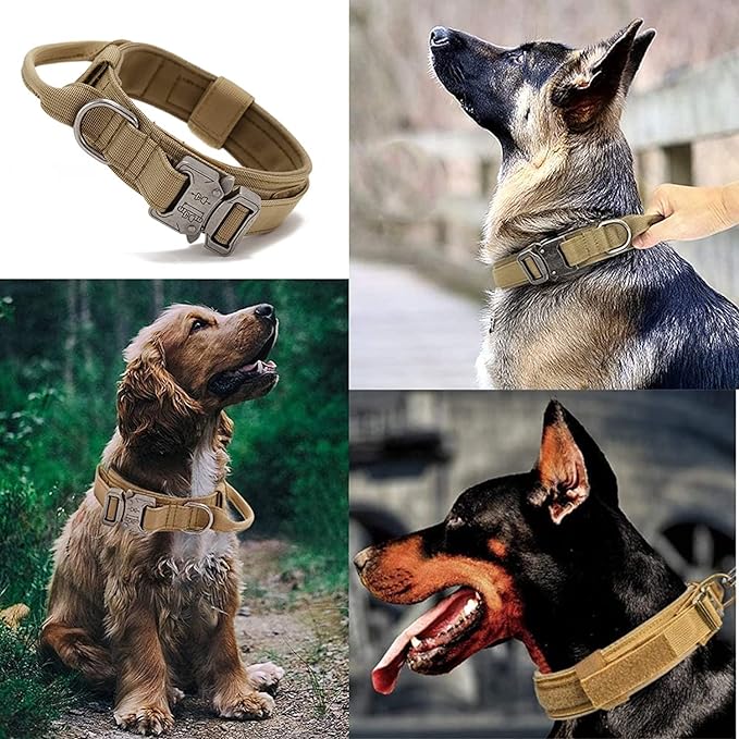 Jesir Collar De Perro Táctico，Collar De Perro De Nailon Militar Grueso con Asa Collares De Perro Hebilla De Metal Resistente Ajustable para Entrenamiento De Perros,L(Caqui).