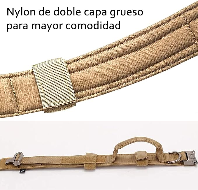 Jesir Collar De Perro Táctico，Collar De Perro De Nailon Militar Grueso con Asa Collares De Perro Hebilla De Metal Resistente Ajustable para Entrenamiento De Perros,L(Caqui).